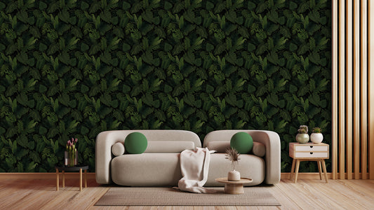 Dschungel Tapete dunkel » Elegante Blätter-Optik in Schwarzgrün  Mystisch & modern  Jetzt bei Pimp my Wall entdecken