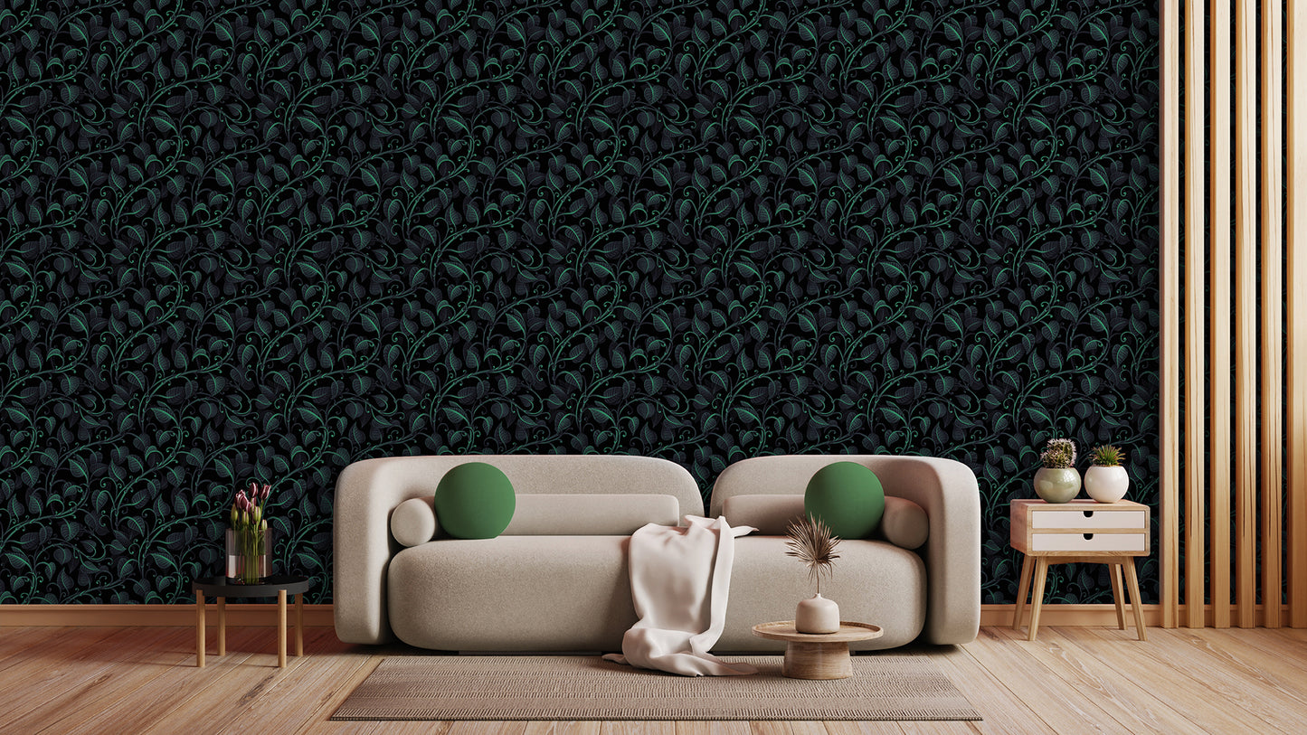 Botanische Tapete schwarz-grün » Filigranes Blattmuster für edle Räume  Elegant & dunkel  Jetzt entdecken bei Pimp my Wall