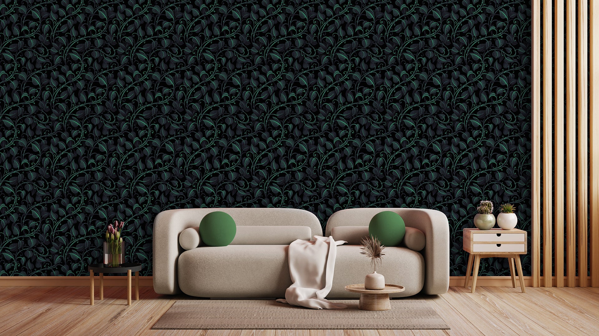 Botanische Tapete schwarz-grün » Filigranes Blattmuster für edle Räume  Elegant & dunkel  Jetzt entdecken bei Pimp my Wall