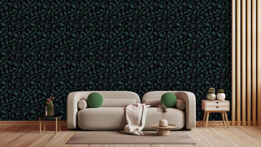 Botanische Tapete schwarz-grün » Filigranes Blattmuster für edle Räume  Elegant & dunkel  Jetzt entdecken bei Pimp my Wall