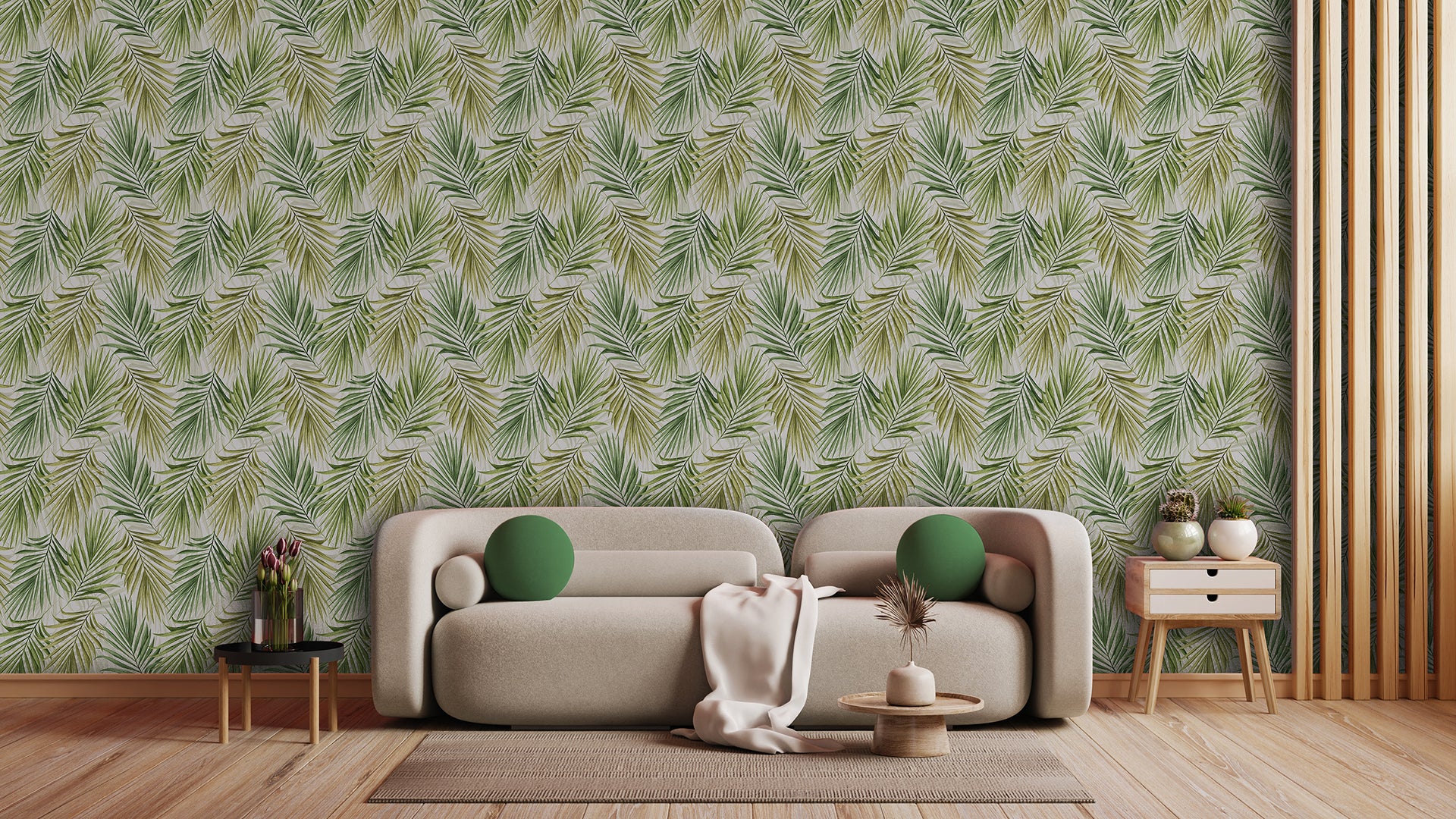 Tapete mit Palmwedel-Muster » Tropischer Look in Grün & Creme  Frisch & freundlich  Jetzt entdecken