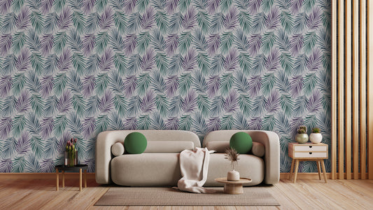 Tropische Tapete in Lila & Mint » Modern & entspannt  Exklusives Palmenmuster  Jetzt bestellen