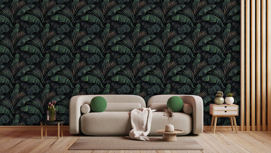 Tropische Tapete in dunklem Design  Elegante Bananenblätter mit Kupferakzenten  Luxuriöses Flair – by Pimp My Wall