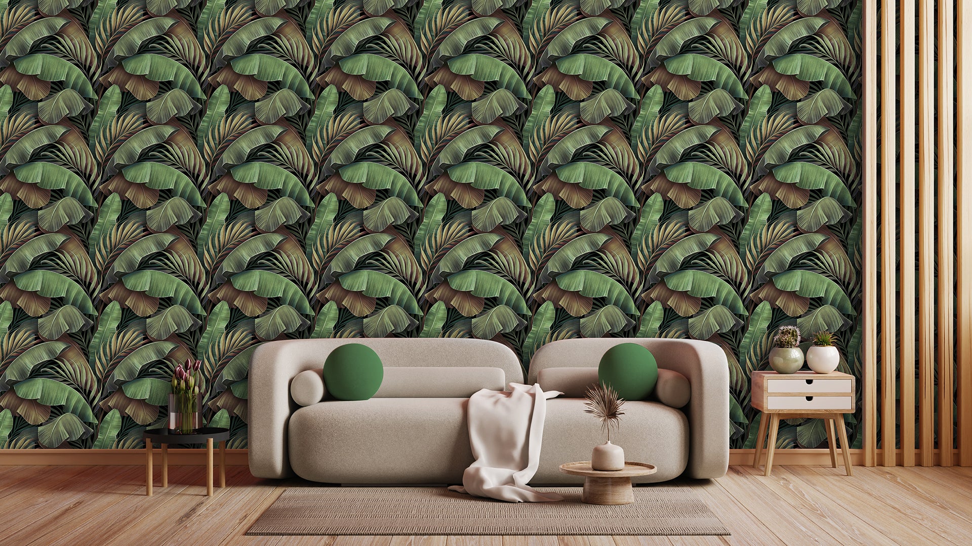 Tropische Tapete in Grün & Braun  Harmonische Naturtöne  Bananenblatt-Design mit Tiefe – by Pimp My Wall