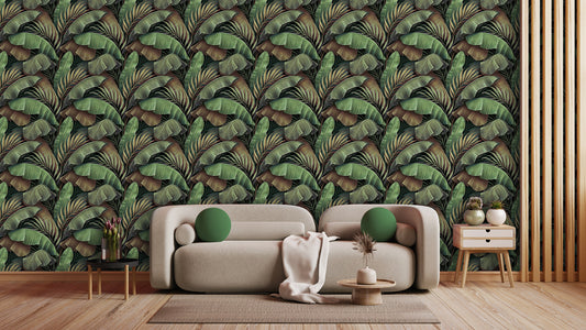 Tropische Tapete in Grün & Braun  Harmonische Naturtöne  Bananenblatt-Design mit Tiefe – by Pimp My Wall