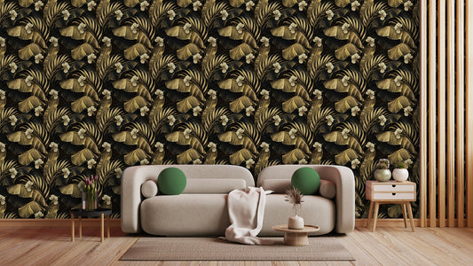 Tropentapete in Gold & Braun  Luxuriöser Look auf Schwarz  Elegant & stilvoll – by Pimp My Wall