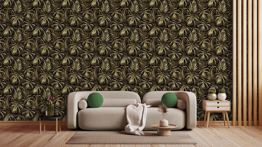 Tropische Blatt-Tapete  Monstera & Palmen in Goldgrün  Elegant & modern  Perfekt für stilvolle Räume – by Pimp My Wall