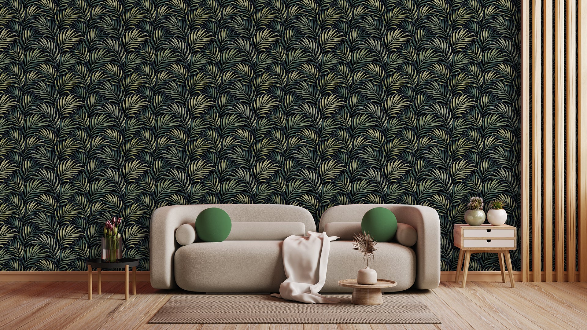 Palmen-Tapete in Gold & Grün  Dezent & elegant  Tropisch-moderner Look für ruhige Räume – by Pimp My Wall