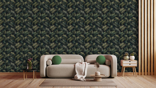 Palmen-Tapete in Gold & Grün  Dezent & elegant  Tropisch-moderner Look für ruhige Räume – by Pimp My Wall