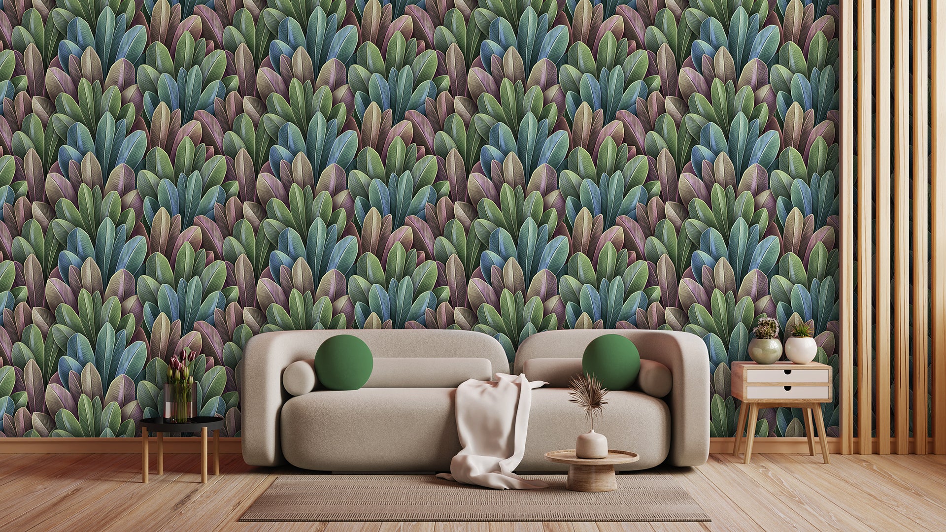 Bunte Dschungeltapete  Blätter in Violett, Blau, Grün & Rosé  Frisch, kreativ & lebendig – by Pimp My Wall