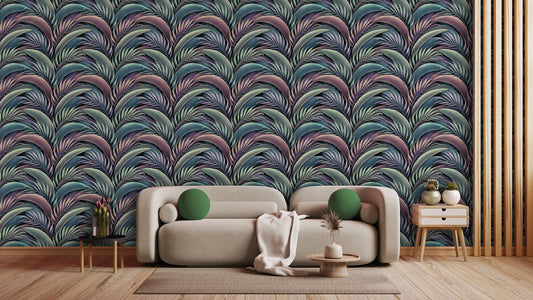 Palmblatt-Tapete in Violett & Grün  Sanftes, harmonisches Muster  Ideal für ruhige & stilvolle Räume – by Pimp My Wall