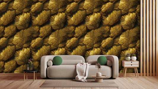 Edle Blättertapete  Intensives Gold auf dunklem Grund  Luxuriös & naturinspiriert – by Pimp My Wall
