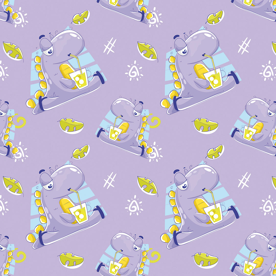 ✅ Süßer Dino mit Saft ✅ Verspieltes Design auf fliederfarbenem Hintergrund 💜 Ideal für Baby- & Kinderzimmer ✨ Selbstklebende Tapete — by Pimp My Wall