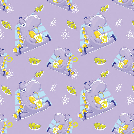 ✅ Süßer Dino mit Saft ✅ Verspieltes Design auf fliederfarbenem Hintergrund 💜 Ideal für Baby- & Kinderzimmer ✨ Selbstklebende Tapete — by Pimp My Wall