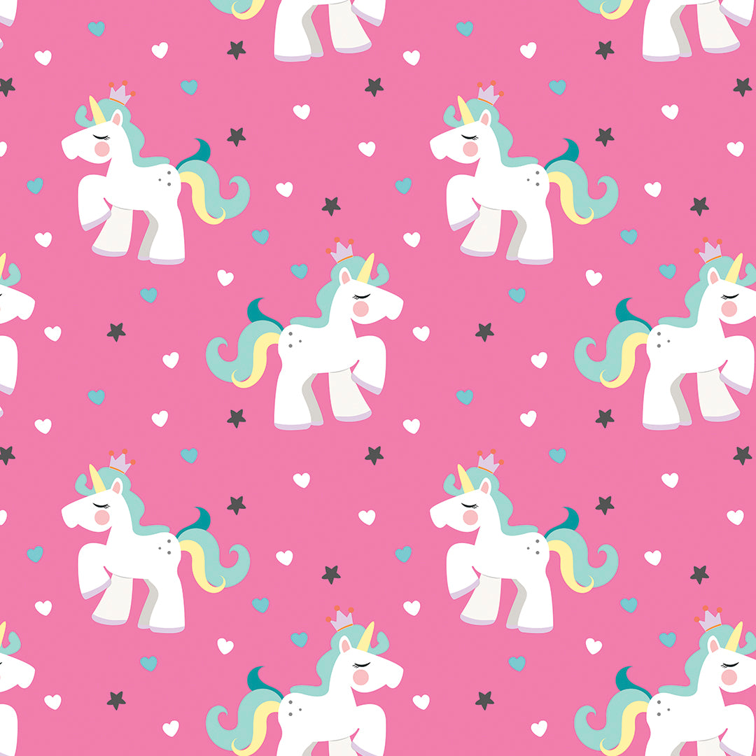 ✅ Fröhliches Einhorn-Design ✅ Kräftiges Pink mit Herzen und Sternen ✨ Ideal für Baby- & Kinderzimmer 💖 Selbstklebende Tapete — by Pimp My Wall