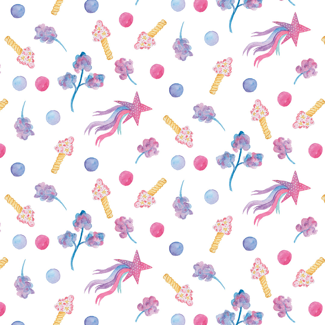 ✅ Verspieltes Design mit Sternen, Blumen & Bonbons ✅ Aquarell-Optik in Rosa, Lila & Blau ✨ Ideal für Baby- & Kinderzimmer 💫 Selbstklebende Tapete — by Pimp My Wall