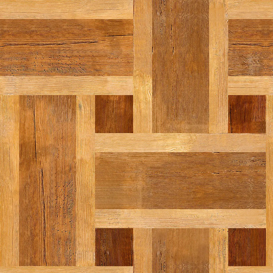 Selbstklebende Tapete Holzoptik – Wood Panel Patchwork mit natürlichem Holzpaneel-Design in warmen Brauntönen für stilvolle Wandgestaltung.