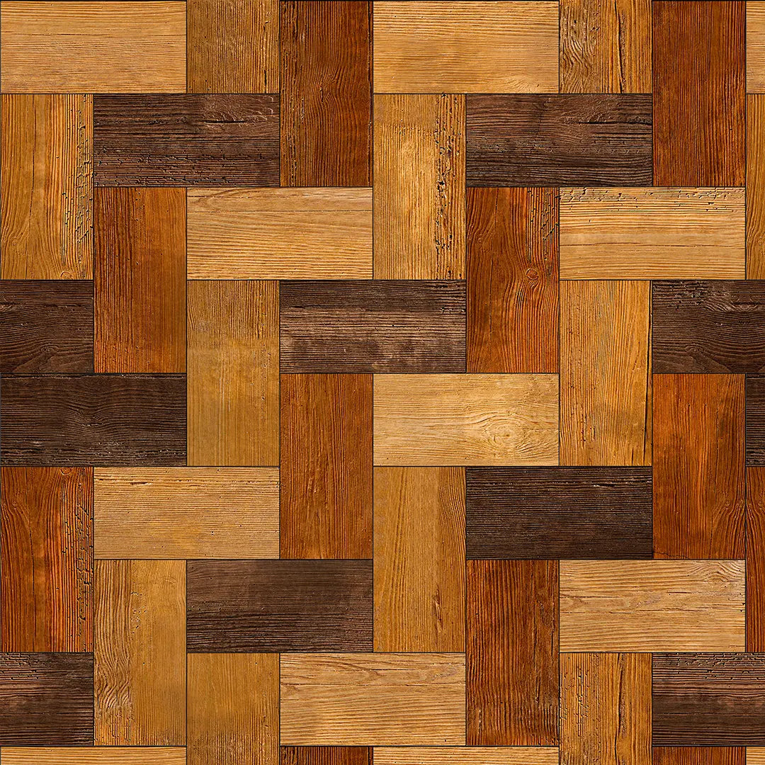 Selbstklebende Tapete Holzoptik – Wood Panel Patchwork Dark mit warmen, dunklen Holztönen im industriellen Patchwork-Stil für Wanddeko.