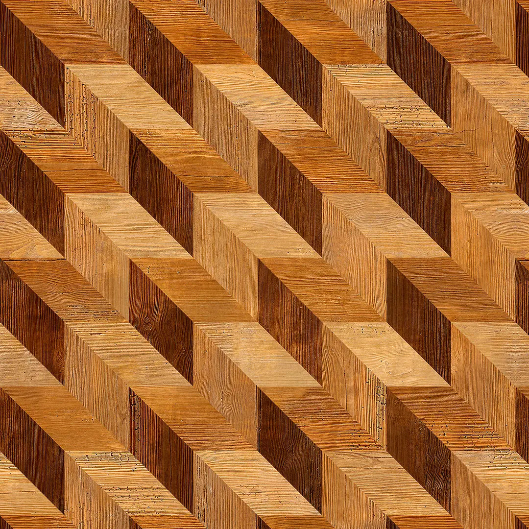 Selbstklebende 3D Tapete Holzoptik – Wood Cube Warm mit geometrischem Chevron-Muster in warmen Brauntönen für moderne Wandgestaltung.