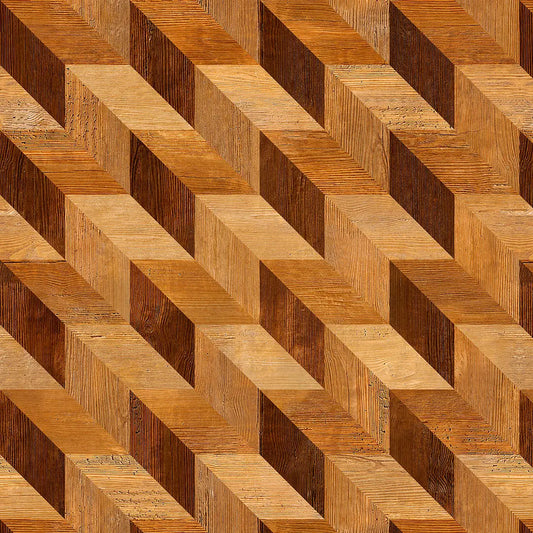 Selbstklebende 3D Tapete Holzoptik – Wood Cube Warm mit geometrischem Chevron-Muster in warmen Brauntönen für moderne Wandgestaltung.