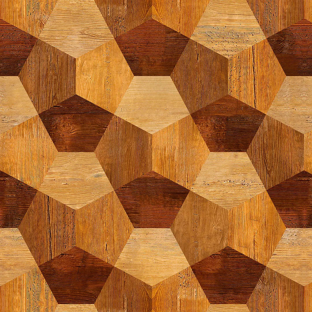 Selbstklebende 3D Tapete Holzoptik – Wood Hexagon Warm mit geometrischem Hexagon-Muster in warmen Holztönen für moderne Wandgestaltung.