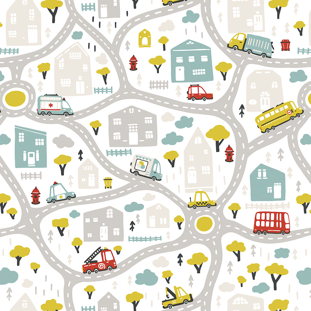 ✅ Straßen & Häuser-Muster ✅ Fahrzeuge wie Schulbus, Feuerwehr & Taxi ✨ Sanfte Pastelltöne 🧒 Perfekt für kleine Auto-Fans 🚗 Selbstklebende Kinderzimmer-Tapete — by Pimp My Wall