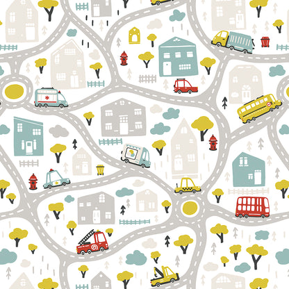 ✅ Straßen & Häuser-Muster ✅ Fahrzeuge wie Schulbus, Feuerwehr & Taxi ✨ Sanfte Pastelltöne 🧒 Perfekt für kleine Auto-Fans 🚗 Selbstklebende Kinderzimmer-Tapete — by Pimp My Wall