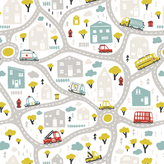 ✅ Straßen & Häuser-Muster ✅ Fahrzeuge wie Schulbus, Feuerwehr & Taxi ✨ Sanfte Pastelltöne 🧒 Perfekt für kleine Auto-Fans 🚗 Selbstklebende Kinderzimmer-Tapete — by Pimp My Wall