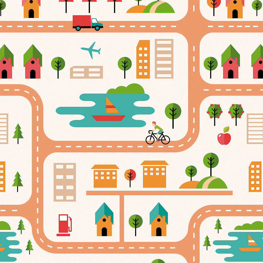 ✅ Straßen & Häuser-Design ✅ Seen, Boote, Bäume & Fahrradfahrer ✨ Retro-Pastellfarben 🧒 Perfekt für kleine Stadtentdecker 🚗 Selbstklebende Kinderzimmer-Tapete — by Pimp My Wall