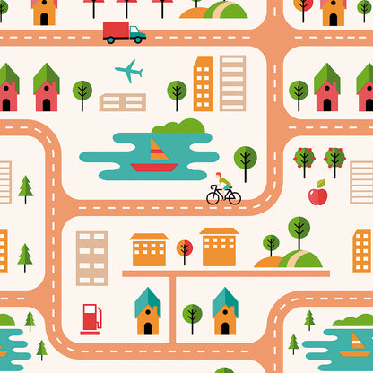 ✅ Straßen & Häuser-Design ✅ Seen, Boote, Bäume & Fahrradfahrer ✨ Retro-Pastellfarben 🧒 Perfekt für kleine Stadtentdecker 🚗 Selbstklebende Kinderzimmer-Tapete — by Pimp My Wall