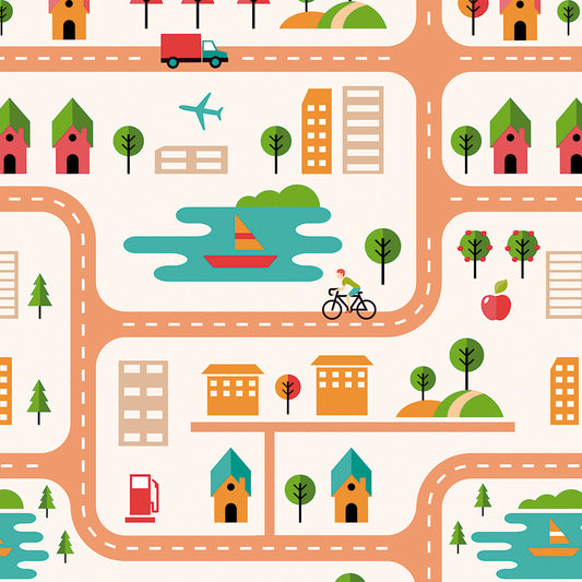 ✅ Straßen & Häuser-Design ✅ Seen, Boote, Bäume & Fahrradfahrer ✨ Retro-Pastellfarben 🧒 Perfekt für kleine Stadtentdecker 🚗 Selbstklebende Kinderzimmer-Tapete — by Pimp My Wall