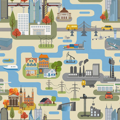 Children's room wallpaper city map hidden object picture
