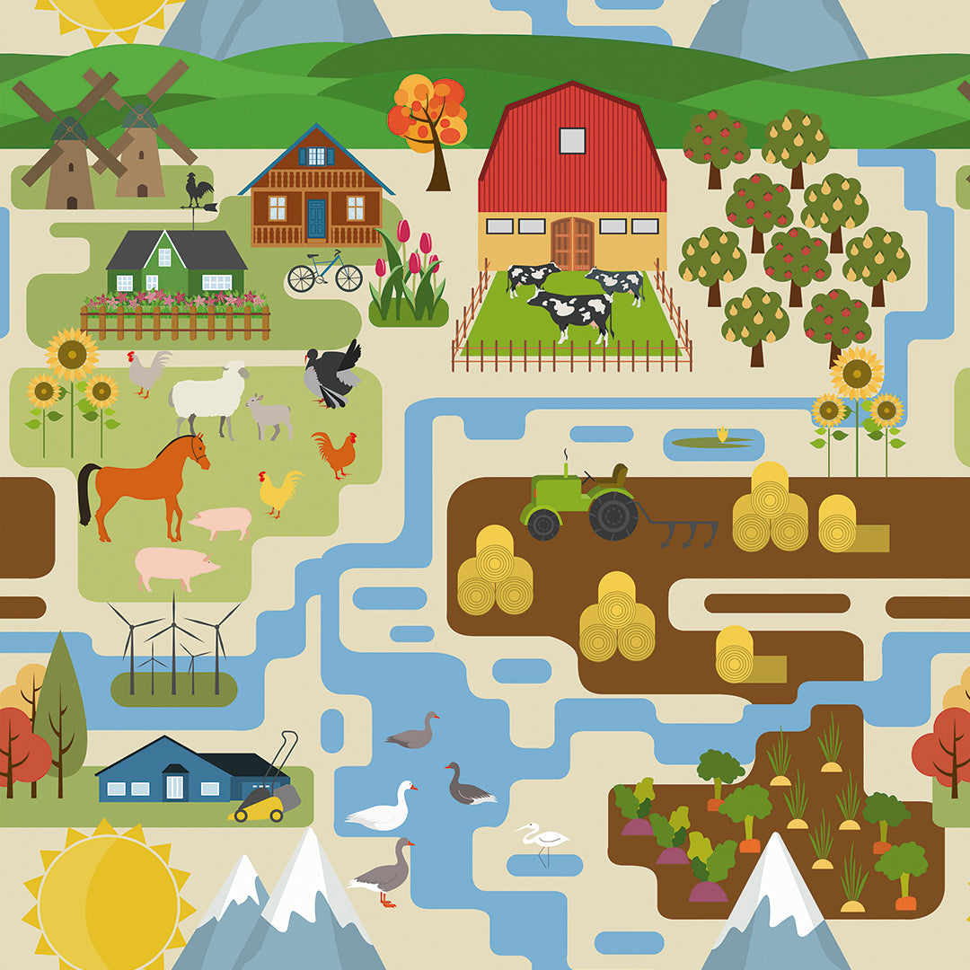 ✅ Tiere wie Kühe, Pferde, Schafe & Hühner ✅ Traktor & Farm-Szenen ✨ Liebevolle Details für kleine Tierfans 🐓 Natur & Landleben - Selbstklebende Tapete — by Pimp My Wall