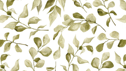 Botanische Tapete mit Aquarell-Blättern » Helle Naturmotive in Olivgrün  Skandinavischer Stil  Jetzt online entdecken