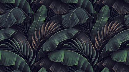 Tropische Tapete in dunklem Design  Elegante Bananenblätter mit Kupferakzenten  Luxuriöses Flair – by Pimp My Wall