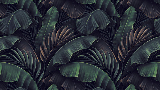 Tropische Tapete in dunklem Design  Elegante Bananenblätter mit Kupferakzenten  Luxuriöses Flair – by Pimp My Wall