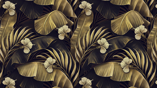 Tropentapete in Gold & Braun  Luxuriöser Look auf Schwarz  Elegant & stilvoll – by Pimp My Wall