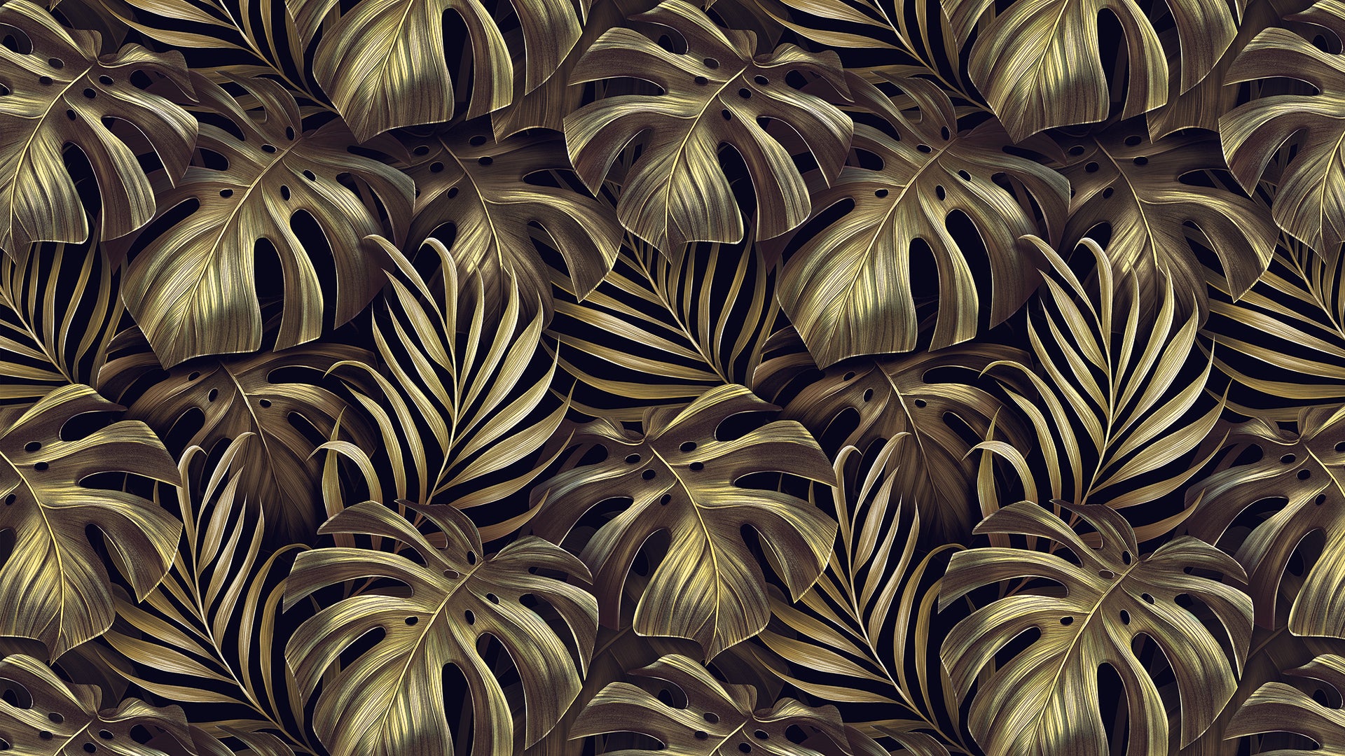 Tropische Blatt-Tapete  Monstera & Palmen in Goldgrün  Elegant & modern  Perfekt für stilvolle Räume – by Pimp My Wall
