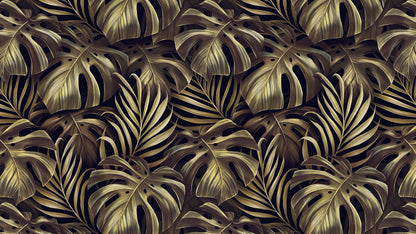 Tropische Blatt-Tapete  Monstera & Palmen in Goldgrün  Elegant & modern  Perfekt für stilvolle Räume – by Pimp My Wall