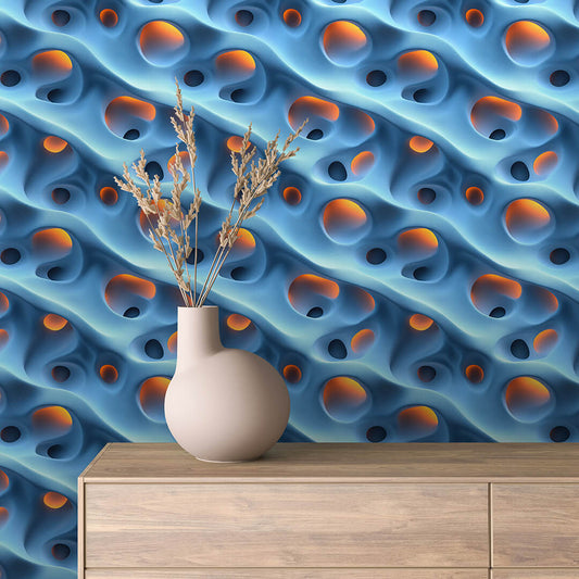 3D Tapete mit Wellenrelief  Leuchtende Lochstruktur in Blau & Orange  selbstklebende Tapete  PVC-frei  Lieferzeit 2-4 Werktage PCC FoliaConcept