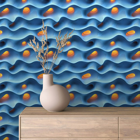 3D Fototapete mit Wellenmuster  Blaue 3D-Struktur mit orangem Akzent selbstklebende Tapete  PVC-frei  Lieferzeit 2-4 Werktage PCC FoliaConcept