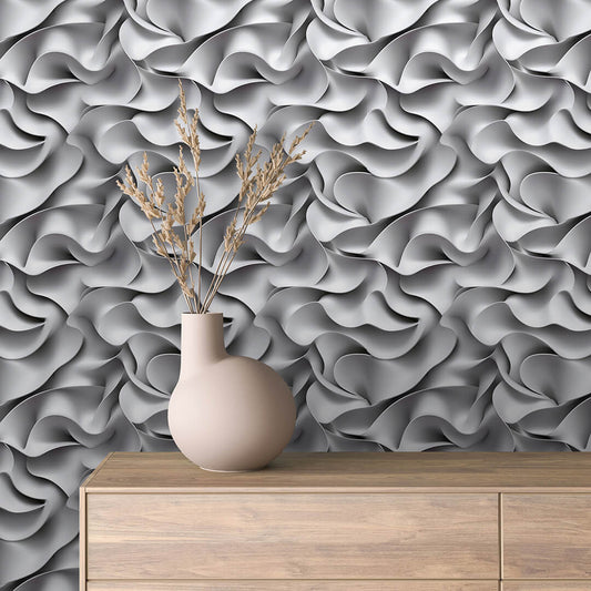 selbstklebende Tapete  PVC-frei  Lieferzeit 2-4 Werktage 3D Wanddesign in Silber  Elegante Wellenoptik mit Tiefe