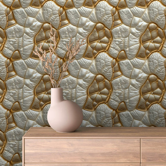3D Tapete in Gold & Perlmutt  Lederstruktur mit Zelloptik  selbstklebende Tapete  PVC-frei  Lieferzeit 2-4 Werktage PCC FoliaConcept