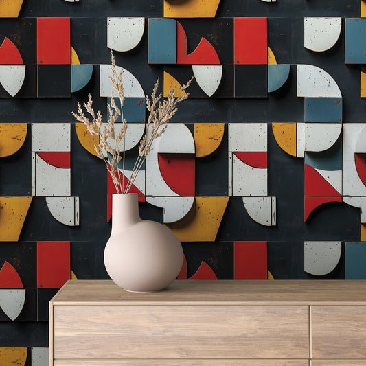 Moderne 3D Tapete im Bauhaus-Stil  Geometrische Formen & starke Farben  selbstklebende Tapete  PVC-frei  Lieferzeit 2-4 Werktage PCC FoliaConcept