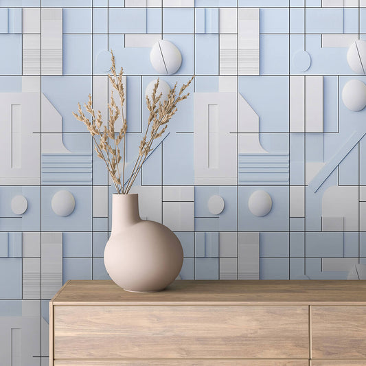 Skandinavische 3D-Tapete in Blau-Weiß  Klare Geometrie & dezenter 3D-Effekt  Selbstklebend & umweltfreundlich  Jetzt entdecken bei PCC FoliaConcept!