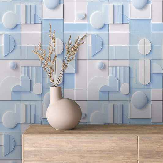 3D Tapete in Hellblau & Weiß  Geometrisch & retro-modern  Einfach anzubringen  Umweltfreundlich  Jetzt online bestellen!