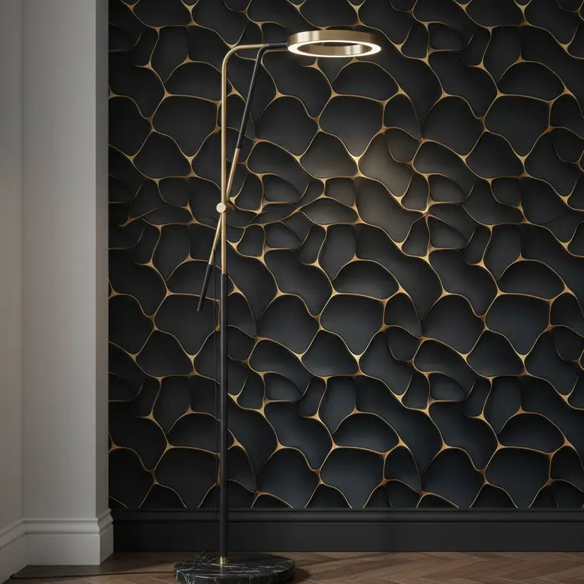 3D Wand schwarz-gold mit Lampe