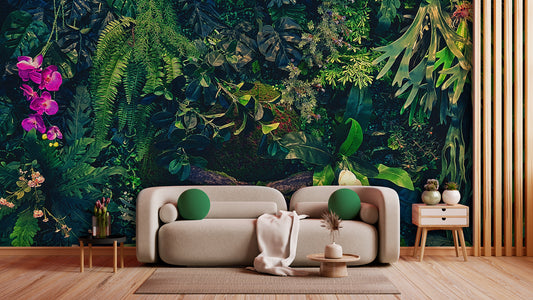 Tapete Jungle Nocturne  tropisches Dschungeldesign mit Blüten & Schattenwirkung  Design by Pimp My Wall