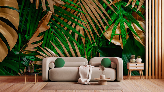 Tapete Jungle Glam  Gold trifft Tropen  luxuriöses Wanddesign  Dschungel trifft Eleganz  Design by Pimp My Wall