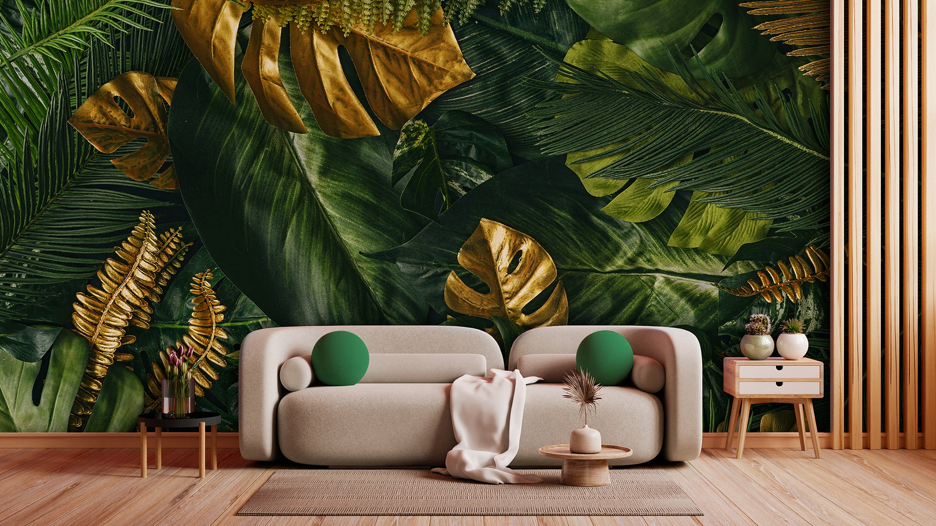Tapete Golden Tropics  tropisch & elegant  goldene Blätter  luxuriöser Dschungel-Look  Design by Pimp My Wall